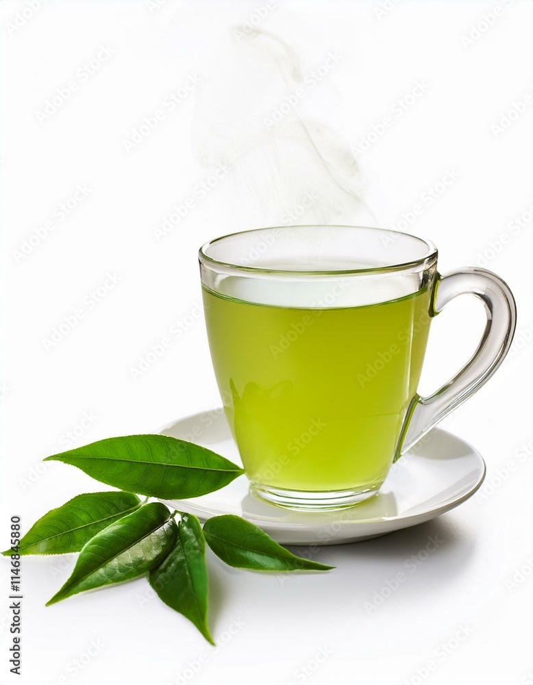 Steaming cup of green tea with fresh leaves. Steaming cup of green tea with fresh leaves.