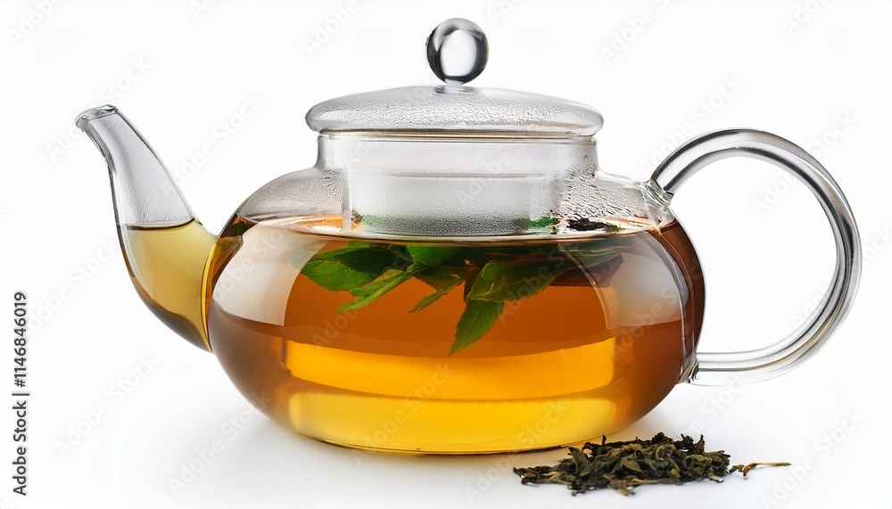 A glass teapot filled with golden herbal tea and fresh mint leaves. A glass teapot filled with golden herbal tea and fresh mint leaves.