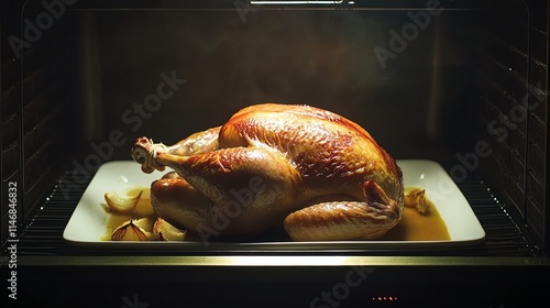 A perfectly roasted turkey in the oven, ready for serving. photo