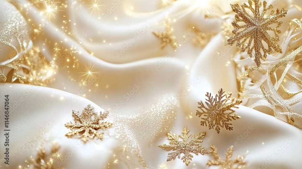 The background is white, with golden snowflakes on the surface of beige silk fabric, and golden glittering stars in the upper right corner. The background is white, with golden snowflakes on the surface of beige silk fabric, and golden glittering stars in the upper right corner.