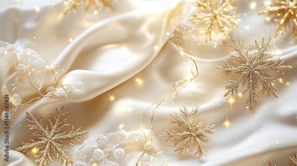 The background is white, with golden snowflakes on the surface of beige silk fabric, and golden glittering stars in the upper right corner. The background is white, with golden snowflakes on the surface of beige silk fabric, and golden glittering stars in the upper right corner.