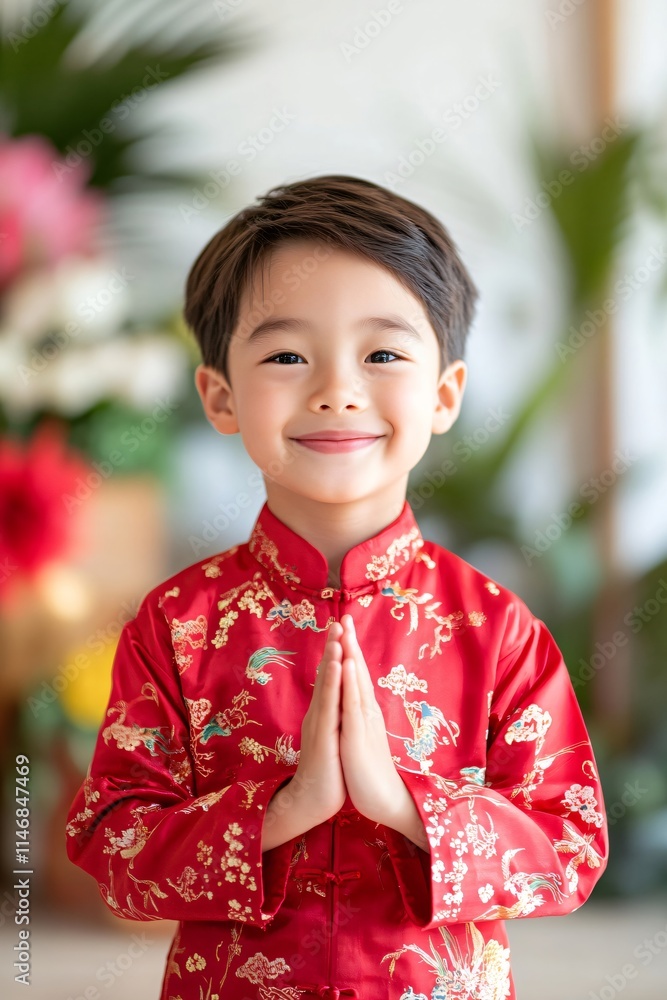 Asian kid in red traditional costume greeting with hands together. Chinese New Year, Lunar New Year, Chinese New Year, Mid-Autumn Festival, Dragon Boat Festival, birthday or family event celebration Asian kid in red traditional costume greeting with hands together. Chinese New Year, Lunar New Year, Chinese New Year, Mid-Autumn Festival, Dragon Boat Festival, birthday or family event celebration