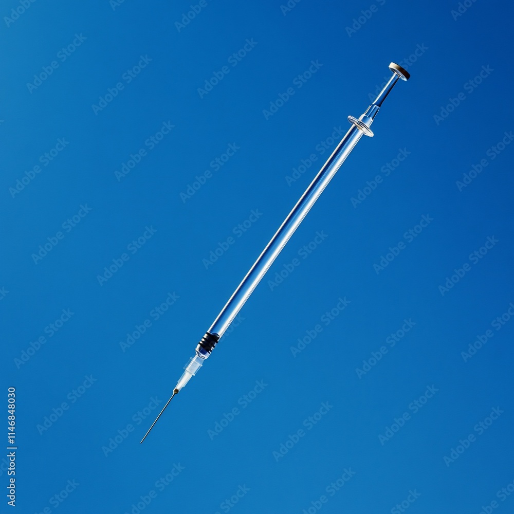 A syringe against a blue background, symbolizing medical use and vaccination. A syringe against a blue background, symbolizing medical use and vaccination.