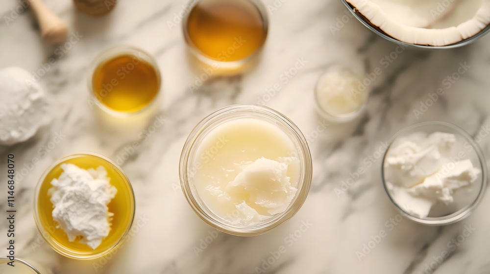 Aerial view of various creamy culinary ingredients in bowls. Aerial view of various creamy culinary ingredients in bowls.