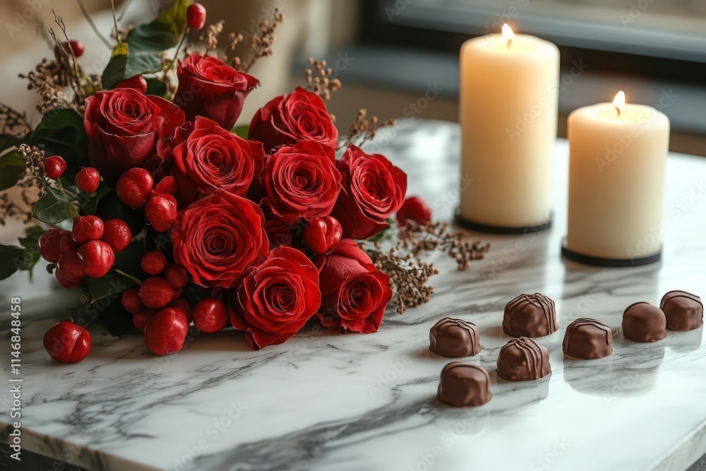 Romantic Roses and Chocolates on a Marble Table Romantic Roses and Chocolates on a Marble Table