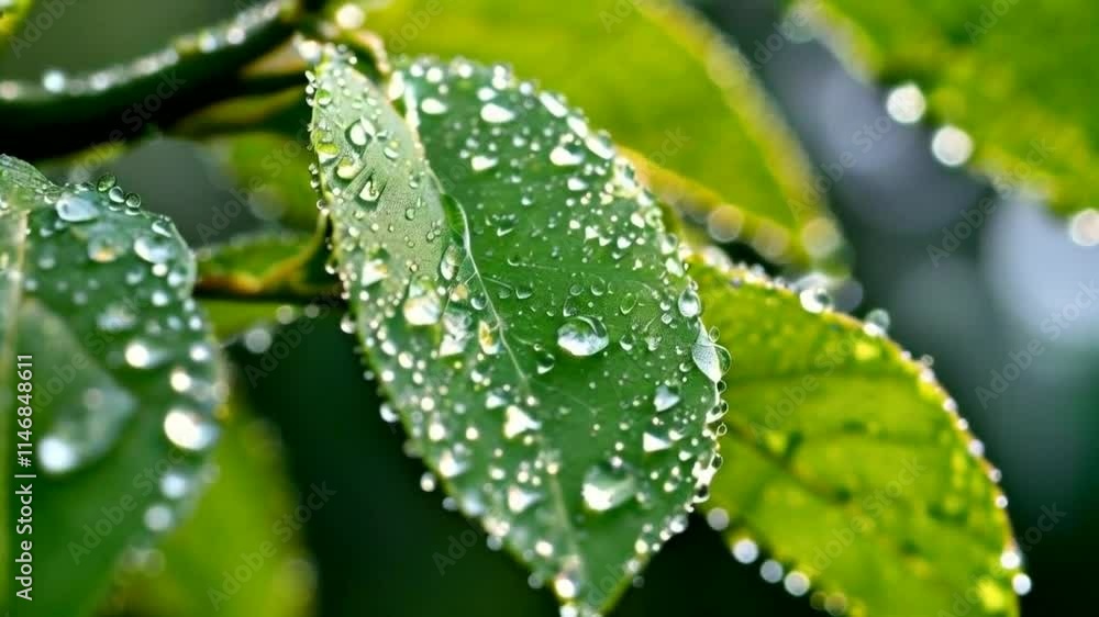 Close-Up Focus of Leaves with Dew Drops Close-Up Focus of Leaves with Dew Drops