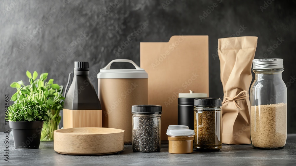 Assorted food packaging containers on a stone surface. Assorted food packaging containers on a stone surface.