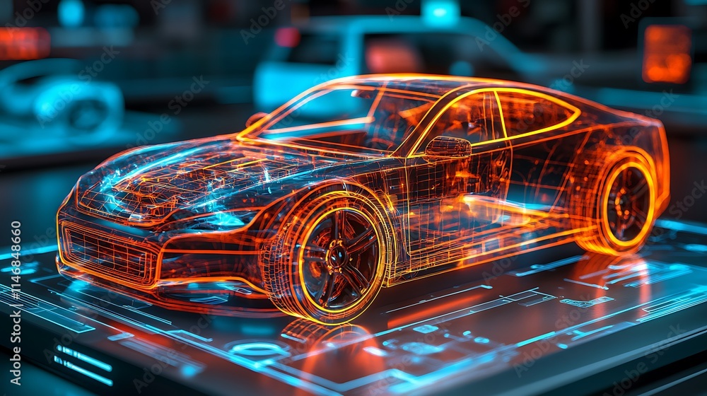 Wireframe digital car model on a futuristic interface. Wireframe digital car model on a futuristic interface.