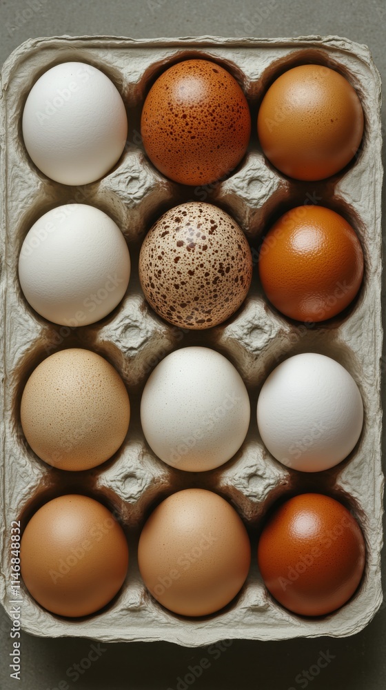 Diversity of eggs in a carton showcasing various colors and patterns in a clean and simple presentation on a Diversity of eggs in a carton showcasing various colors and patterns in a clean and simple presentation on a