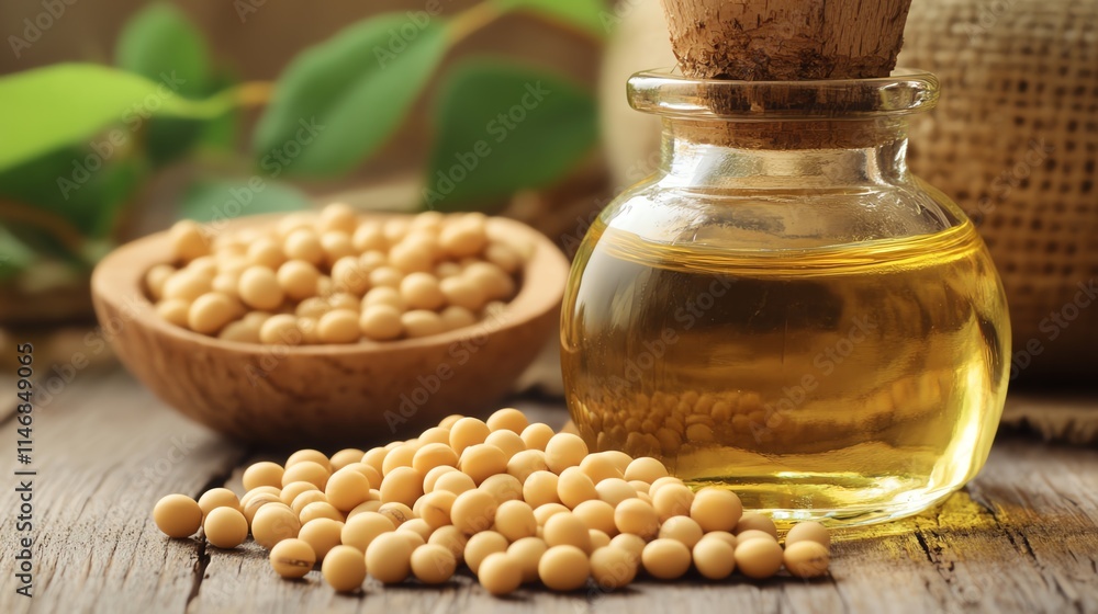 Bottle of soybean oil with soybeans on wooden table. Bottle of soybean oil with soybeans on wooden table.