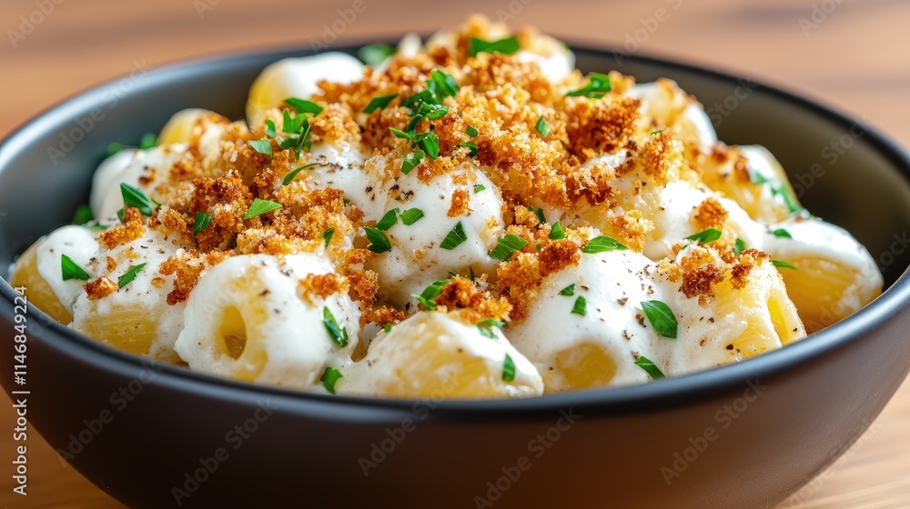 Creamy pasta shells with crunchy topping in a bowl. Creamy pasta shells with crunchy topping in a bowl.