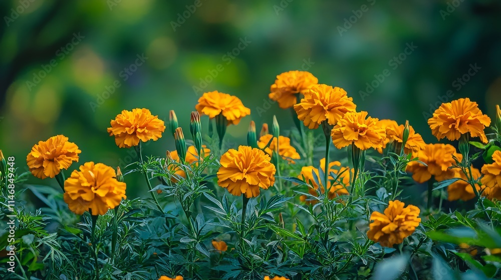 Golden marigolds against a rich green garden backdrop, close-up shot, Minimalist style
