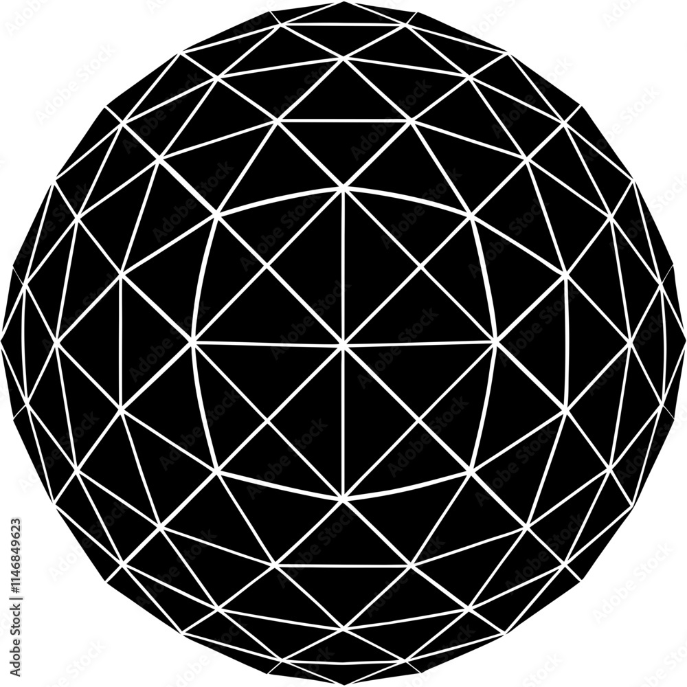 Geometric Sphere with Triangular Facets and Nodes – Black and White Illustration Geometric Sphere with Triangular Facets and Nodes – Black and White Illustration