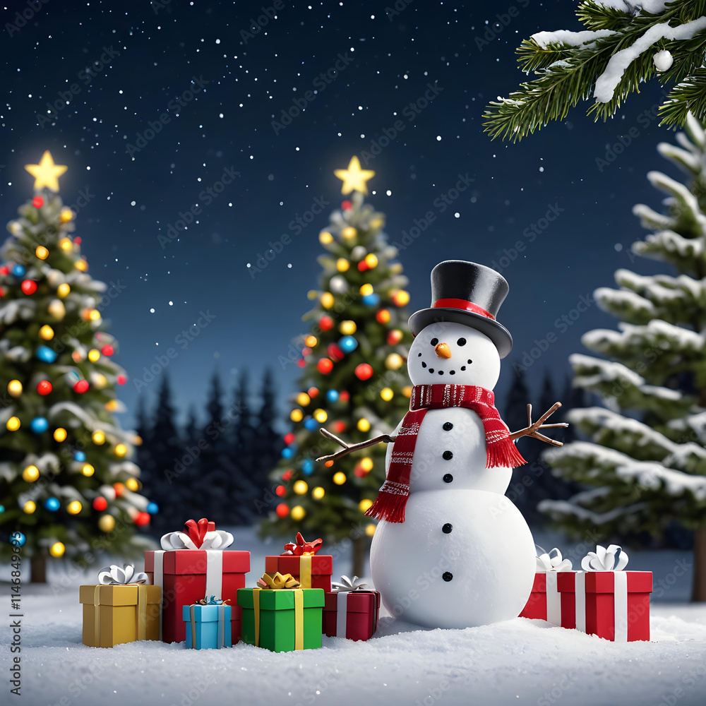 Cheerful Snowman with Santa Hat and Gifts in a Festive Christmas Landscape
Cheerful Snowman with Santa Hat and Gifts in a Festive Christmas Landscape