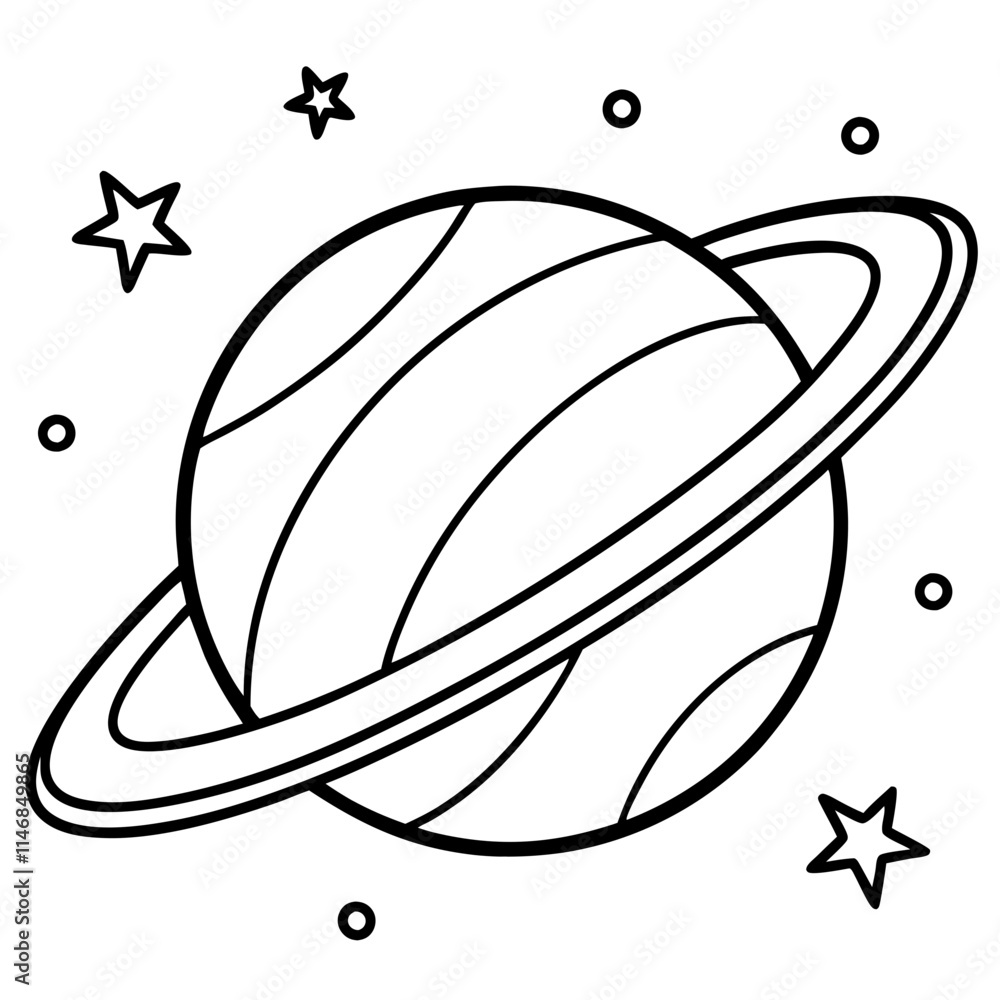 Minimalist Planet with Rings and Stars – Black and White Line Art Minimalist Planet with Rings and Stars – Black and White Line Art