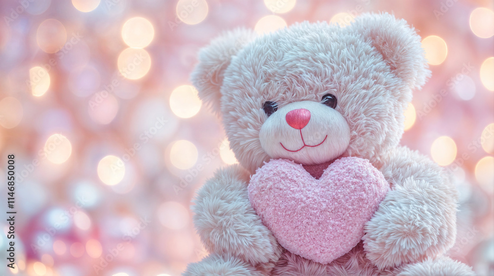 Fototapeta premium The image features a fluffy teddy bear holding a pink heart against a background of soft, blurred lights in shades of pink and white
