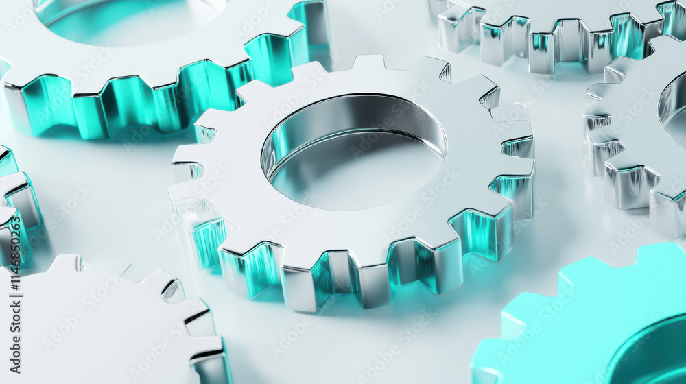 A modern artistic display of multicolored gears, using a striking palette of turquoise, silver, and neon green. Arranged dynamically with overlapping elements, the composition emphasizes sharp clarity A modern artistic display of multicolored gears, using a striking palette of turquoise, silver, and neon green. Arranged dynamically with overlapping elements, the composition emphasizes sharp clarity