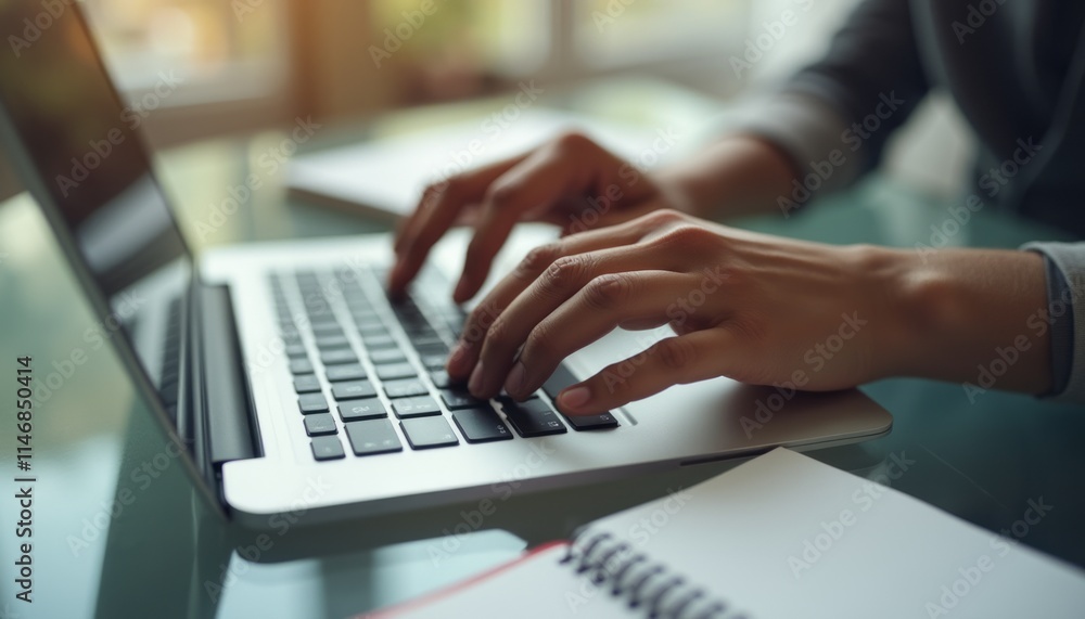 A close-up of a persons hands, skillfully typing on a sleek laptop, surrounded by a serene workspace. The soft natural light streaming in enhances the atmosphere of concentration and inspiration A close-up of a persons hands, skillfully typing on a sleek laptop, surrounded by a serene workspace. The soft natural light streaming in enhances the atmosphere of concentration and inspiration