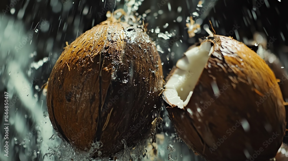 Coconut splashes water as it breaks open, revealing fresh interior. Coconut splashes water as it breaks open, revealing fresh interior.