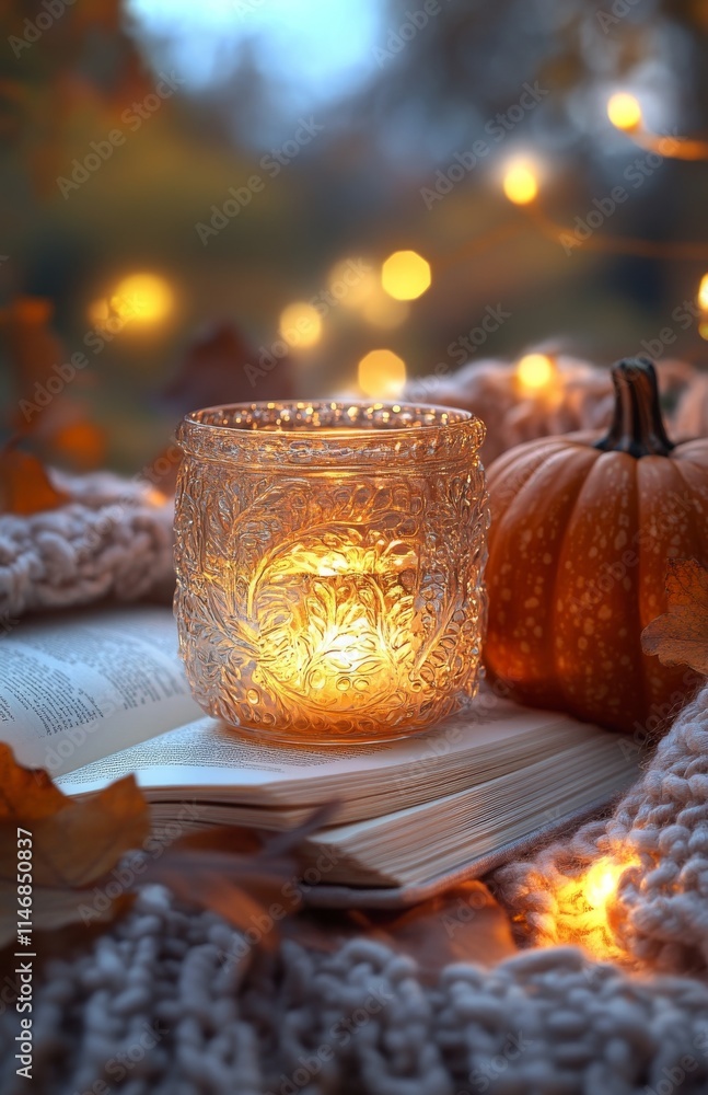 Obraz premium Warm candlelight glowing from a jar on an open book beside a pumpkin during autumn evenings with twinkling