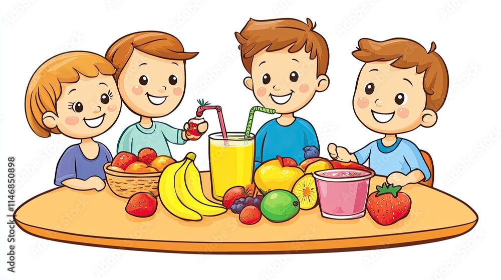 Happy children enjoying healthy fruits and drinks together at a table. Happy children enjoying healthy fruits and drinks together at a table.