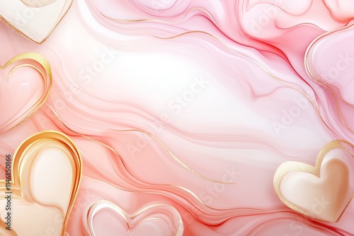 Abstract Pink And Gold Hearts With Fluid Background. Elegant Design With Soft Gradient Waves And Golden Accents. Romantic And Luxurious Style Perfect For Celebrations. AI generated