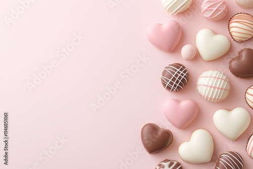 Heart-Shaped Sweets And Chocolates On Pink Background. Elegant Assortment Of Treats For Romantic Celebrations. Perfect For Valentine’s Day, Weddings, Or Anniversaries. AI generated