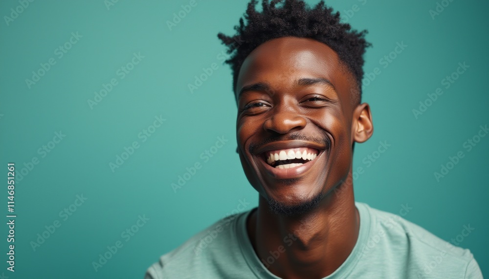 A cheerful young Black man with a radiant smile showcases pure joy, set against a striking teal backdrop. His infectious laughter and bright expression evoke feelings of warmth and positivity, making A cheerful young Black man with a radiant smile showcases pure joy, set against a striking teal backdrop. His infectious laughter and bright expression evoke feelings of warmth and positivity, making