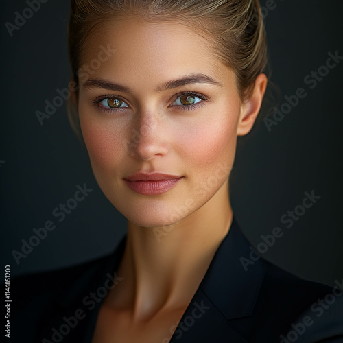 Portrait of an attractive woman in her early thirties, wearing a black suit jacket. She has hazel eyes and blonde hair pulled back photo