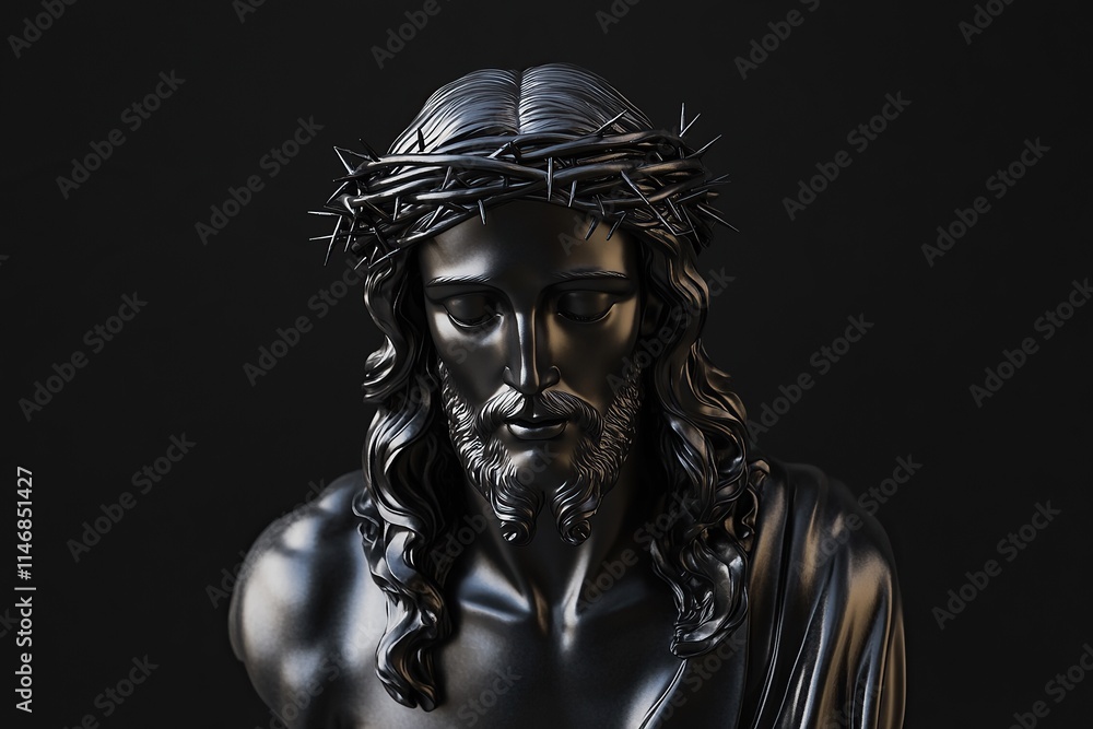Black statue of Jesus with a crown of thorns on his head, isolated on a black background Black statue of Jesus with a crown of thorns on his head, isolated on a black background