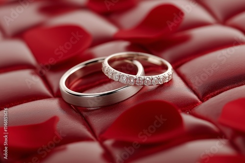 Two Wedding Rings On Red Satin With Rose Petals. Luxurious Background Reflecting Love, Romance, And Elegance. Timeless Symbol Of Unity And Devotion. AI generated photo