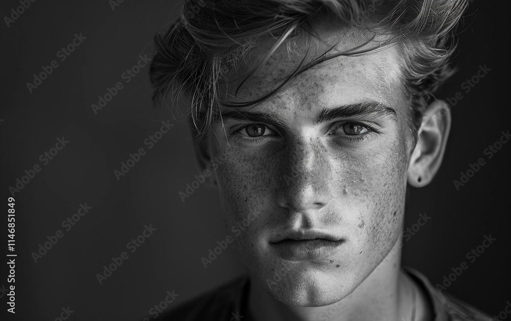 Obraz premium A black and white portrait of a young man with a classic and timeless expression