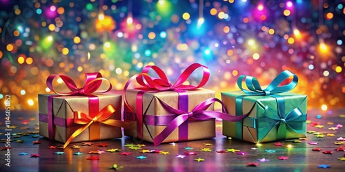 Three Colorful Gift Boxes Wrapped With Ribbons and Bows Sit on a Wooden Surface with Confetti Scattered Around Them and a Sparkling Light Background