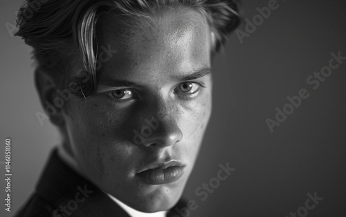 Monochrome portrait of a young man showcasing elegance and dramatic lighting photo