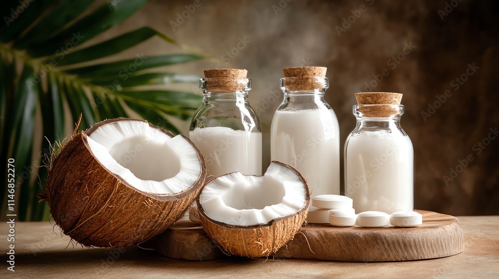Fresh coconut with milk in bottles, showcasing tropical flavor. Fresh coconut with milk in bottles, showcasing tropical flavor.