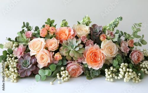 Colorful floral arrangement featuring roses, peonies, and succulents in soft hues with greenery, ideal for any photo