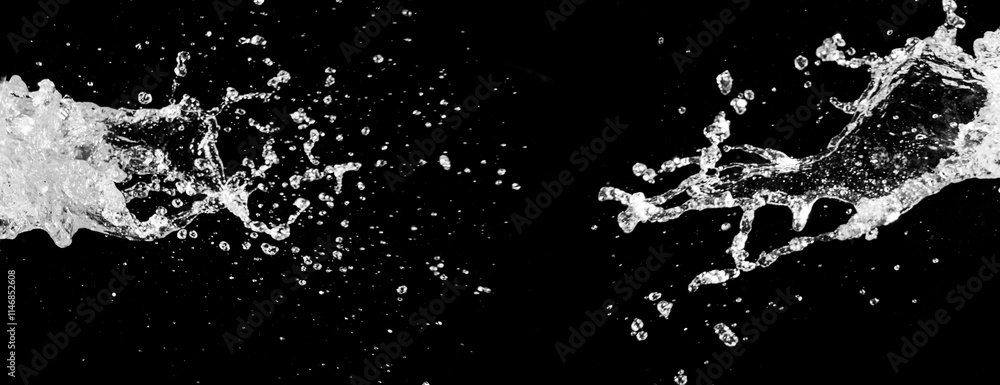 Water Splash on Black Background: Capture the energy and movement of water as it splashes and bursts across a stark black backdrop. Water Splash on Black Background: Capture the energy and movement of water as it splashes and bursts across a stark black backdrop.