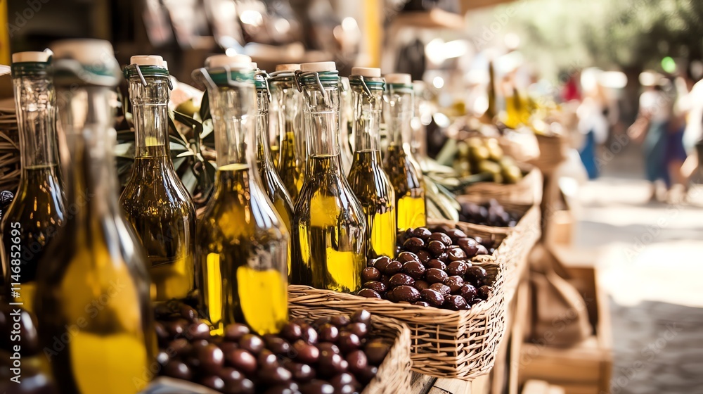 Fresh olives and olive oil displayed at a market stall. Fresh olives and olive oil displayed at a market stall.