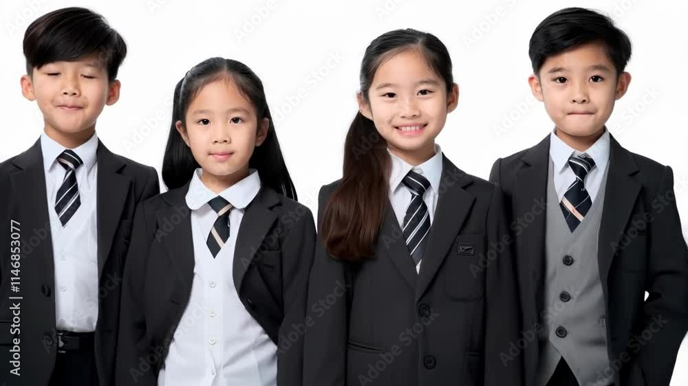 Five Korean school children in uniform over white background Five Korean school children in uniform over white background