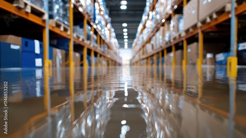 A warehouse aisle flooded with water, reflecting shelves and stored boxes, indicating disaster or water damage scenarios. photo