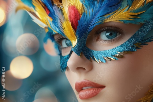 Close-up of a woman with a blue and yellow feathered masquerade mask, sparkling glitter details, and dramatic eye makeup. photo