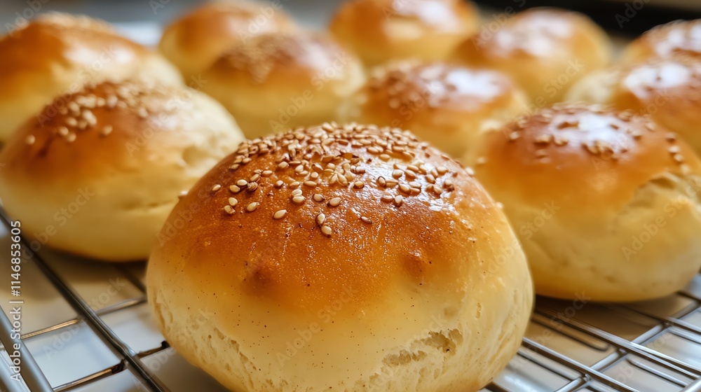 Golden brown freshly baked sesame seed buns cooling on a rack. Golden brown freshly baked sesame seed buns cooling on a rack.