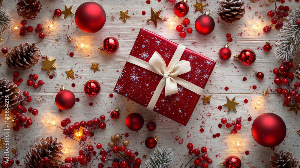 Beautiful Cherry Red Gift Box with Cream Ribbon for Christmas Celebration Beautiful Cherry Red Gift Box with Cream Ribbon for Christmas Celebration