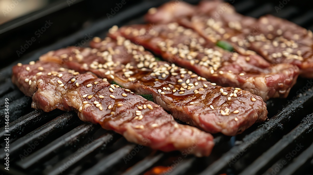 Grilled steak garnished with sesame seeds on a hot grill. Grilled steak garnished with sesame seeds on a hot grill.