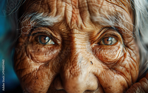 A detailed close-up of an elderly woman, her face reflecting a lifetime of experiences photo