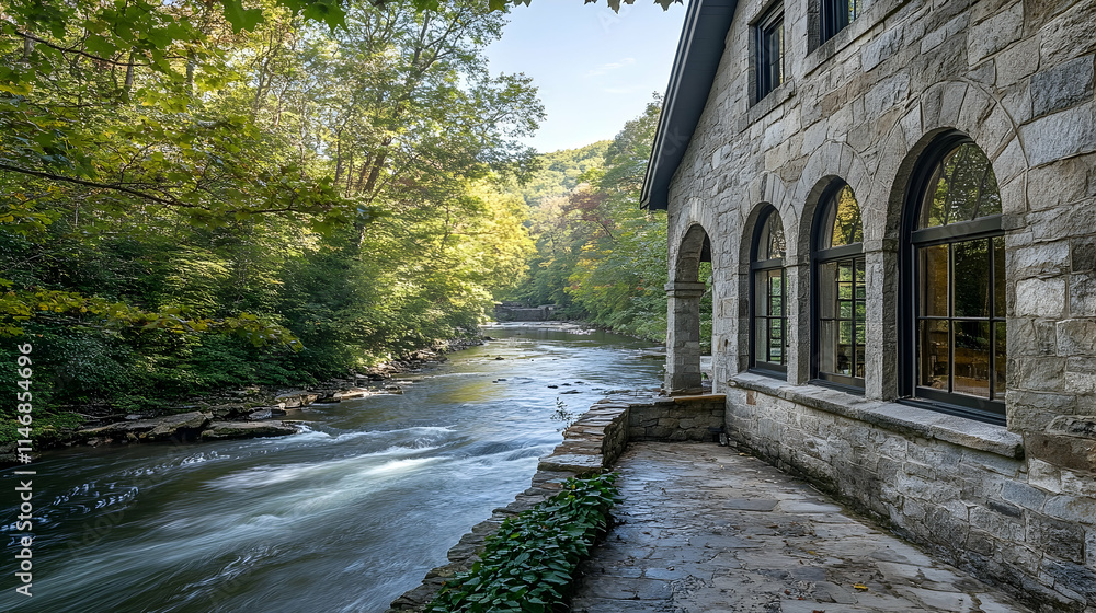 Vermont Stone Mill with arched windows and river views, charming New England countryside Vermont Stone Mill with arched windows and river views, charming New England countryside