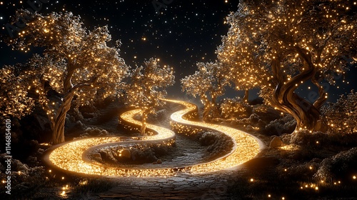 Enchanted Night: Luminous Pathway Through a Starlit Olive Grove - 3D Render AI Generated photo