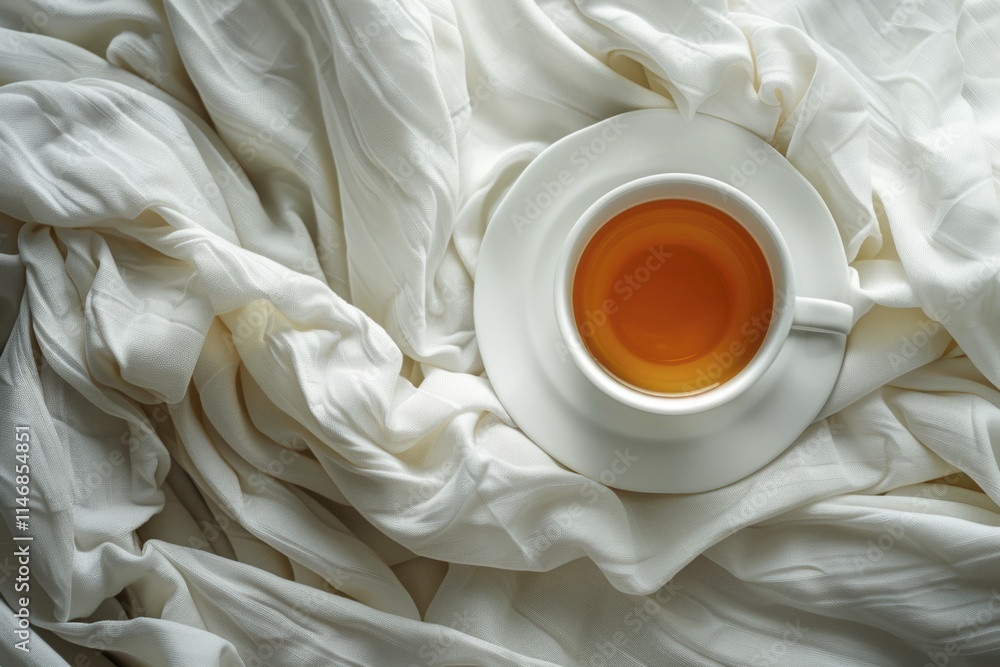 Obraz premium Cozy morning tea in white cup on elegant fabric