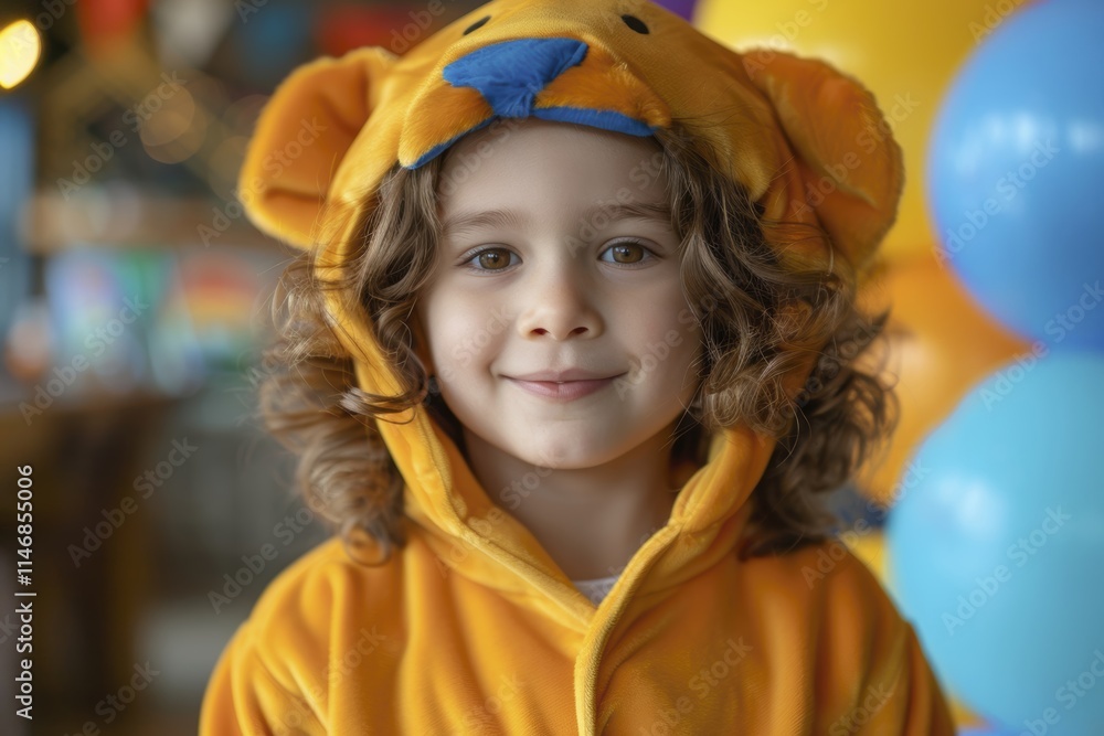 Smiling child in bear costume at colorful birthday party celebration Smiling child in bear costume at colorful birthday party celebration
