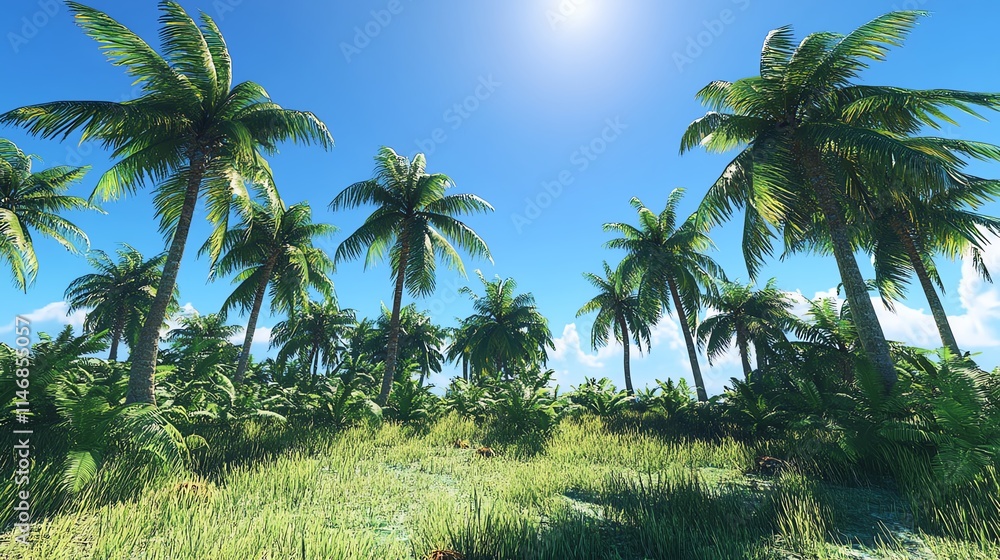 Naklejka premium Lush green tropical landscape with palm trees under bright sky.
